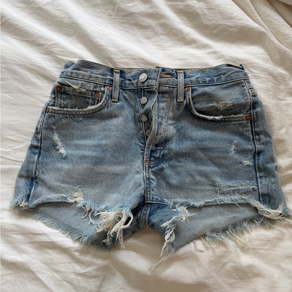 Agolde Light Blue Distressed Cutoff Denim Shorts